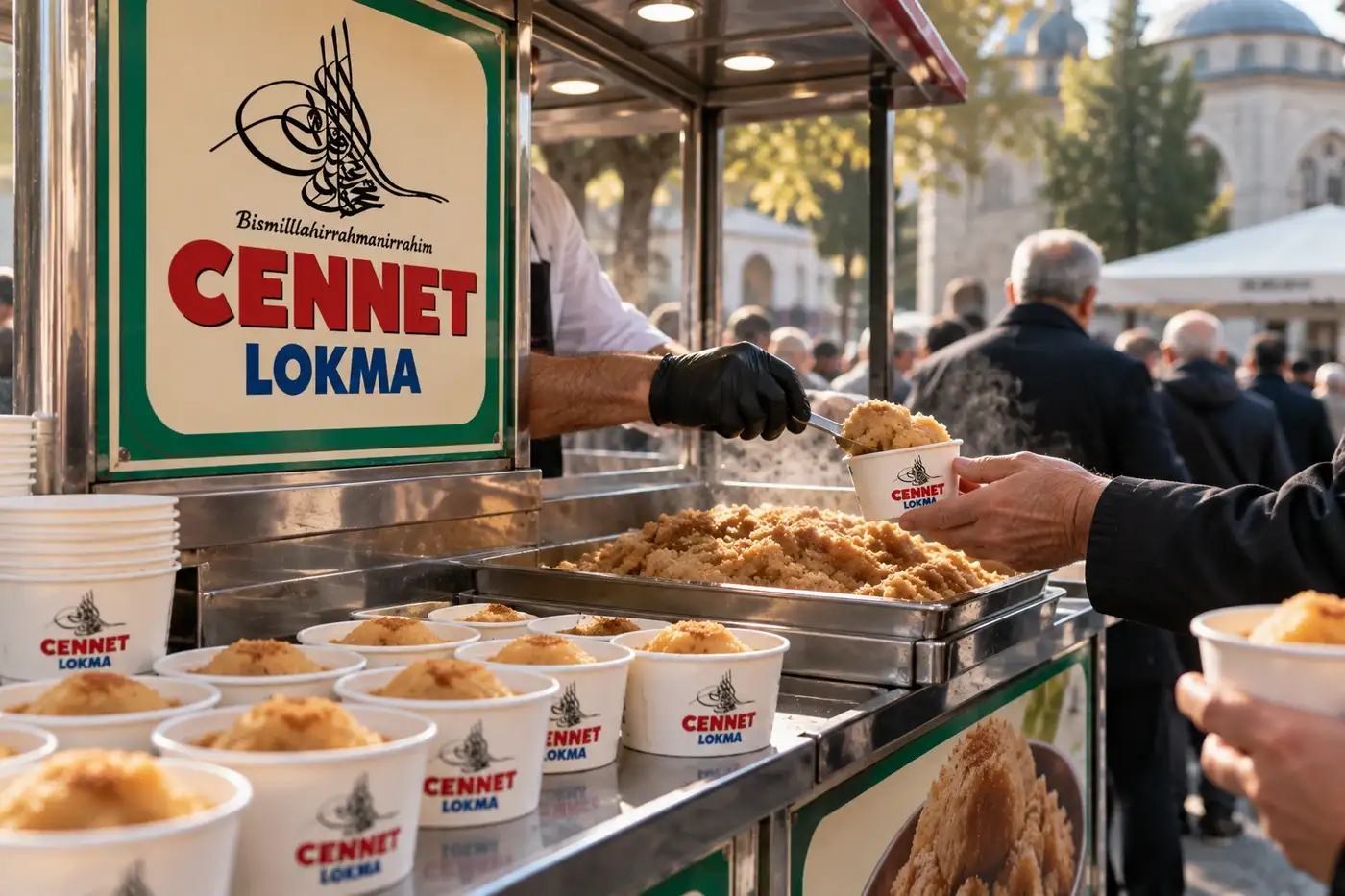 İrmik helvasının kaselere doldurulup dağıtılması