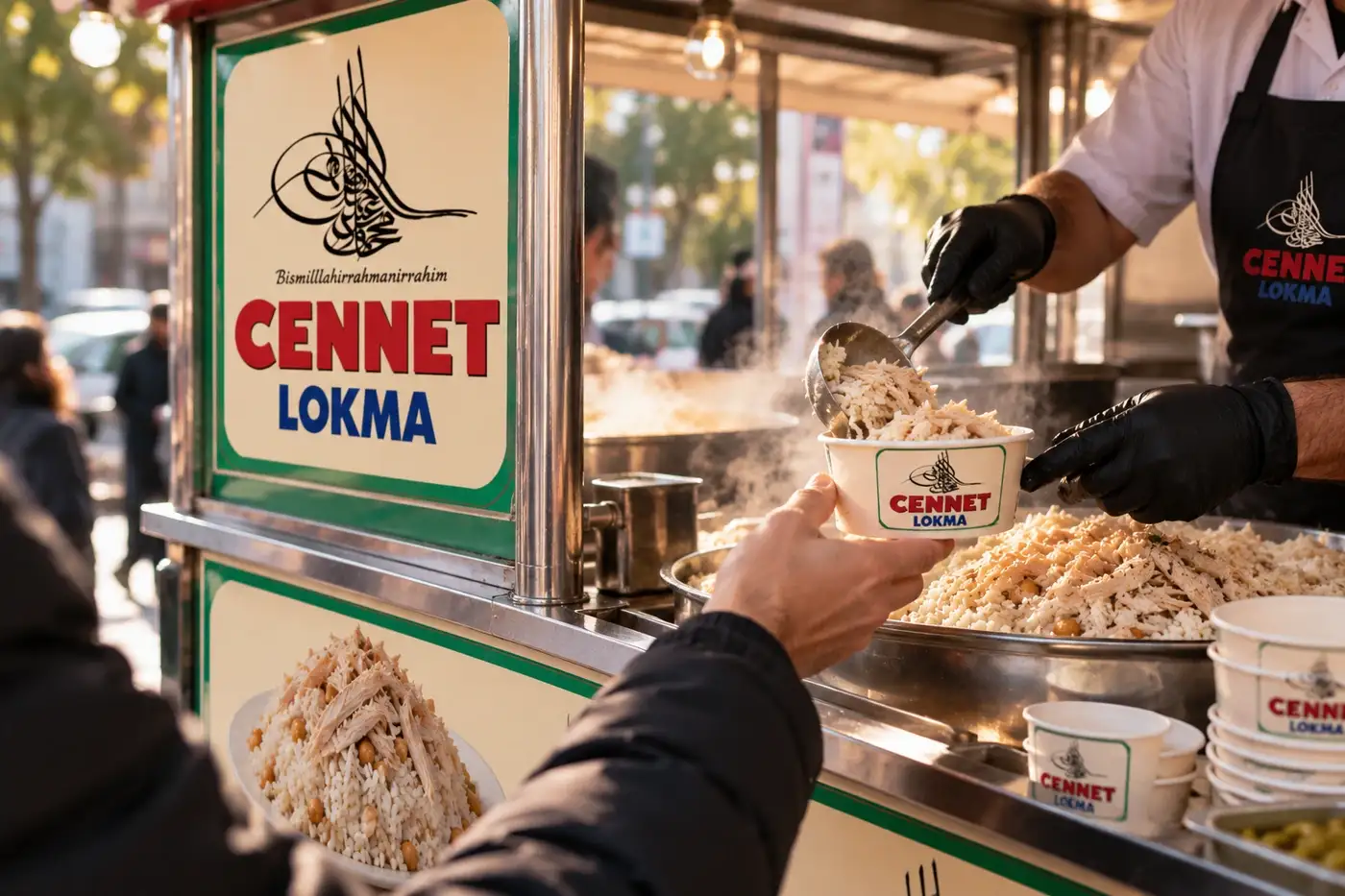 Tavuklu nohutlu pilavın Cennet Lokma kaselerine konulması